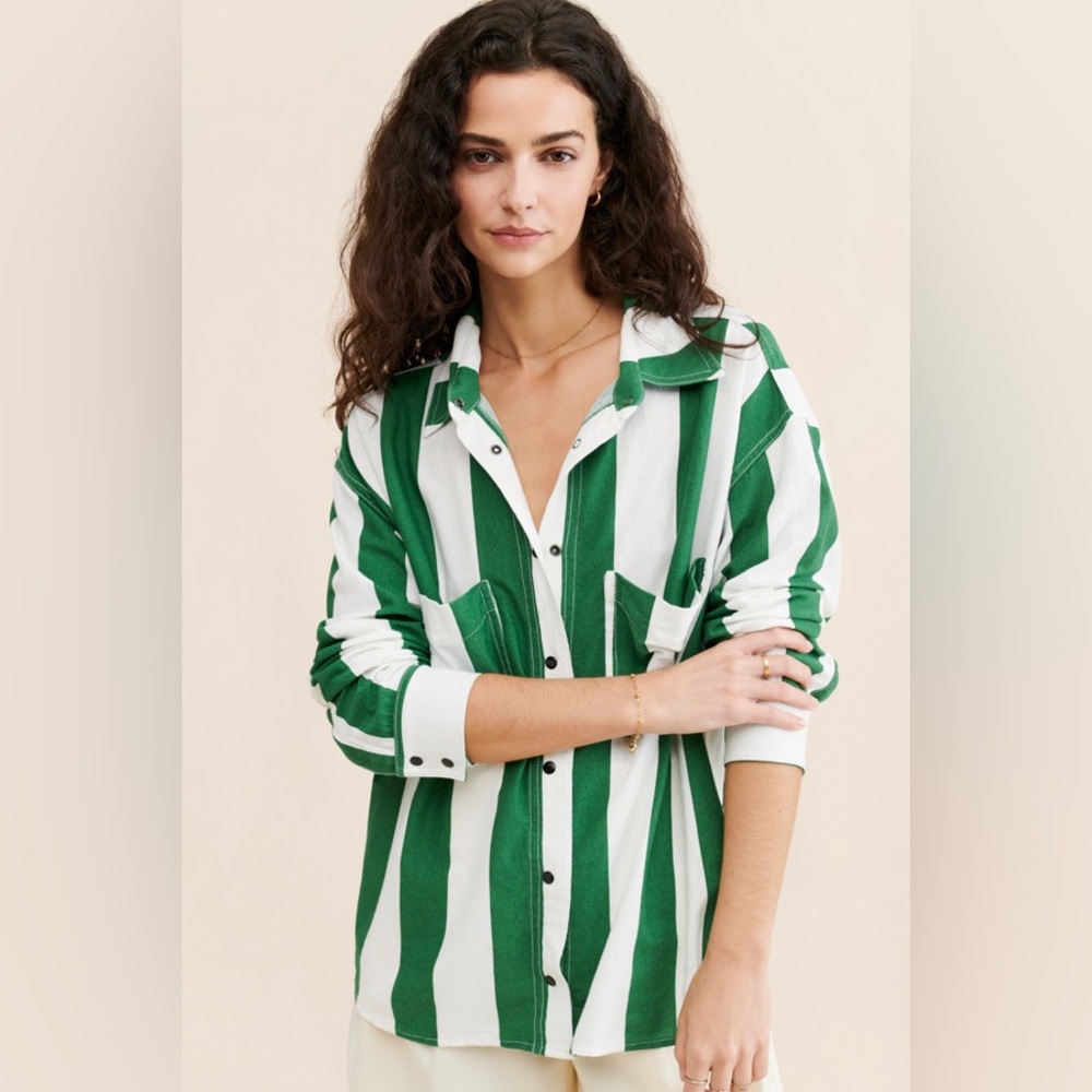 100% Cotton ASKK NY Oversided Denim Jersey Shirt Green Stripe